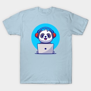 Cute Panda Listening Music With Headphone And Laptop Cartoon T-Shirt